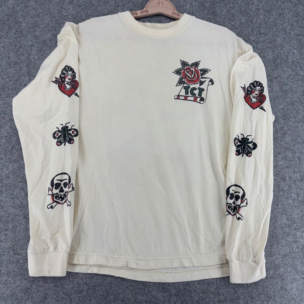 Vintage Camber Finest Mens Large Cream Tattoo Graphic LS T-Shirt Made in USA